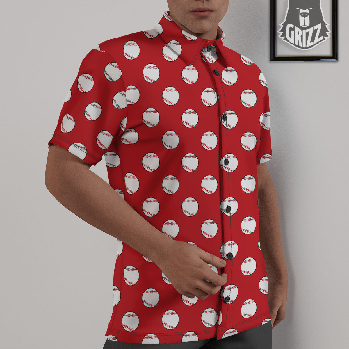 Baseball Red Print Pattern Untucked Shirts-grizzshop