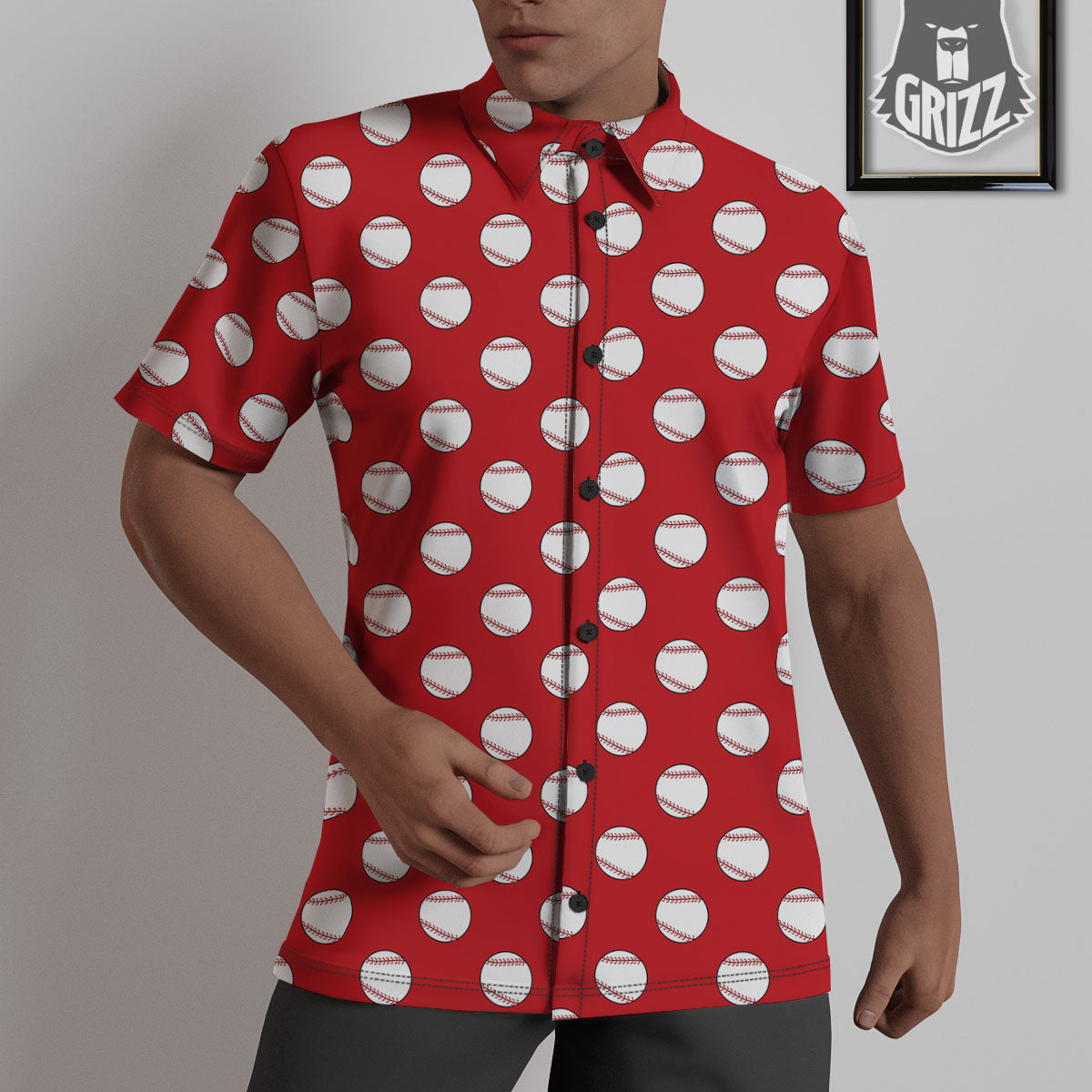 Baseball Red Print Pattern Untucked Shirts-grizzshop