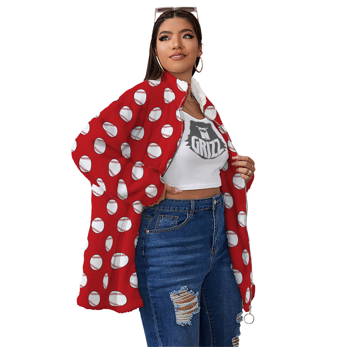 Baseball Red Print Pattern Women's Sherpa Jacket-grizzshop