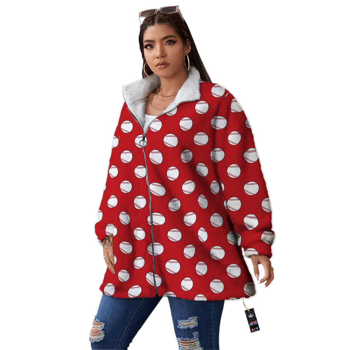 Baseball Red Print Pattern Women's Sherpa Jacket-grizzshop