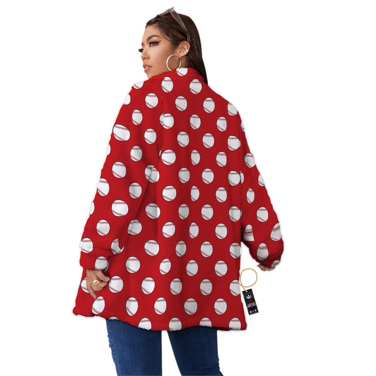 Baseball Red Print Pattern Women's Sherpa Jacket-grizzshop