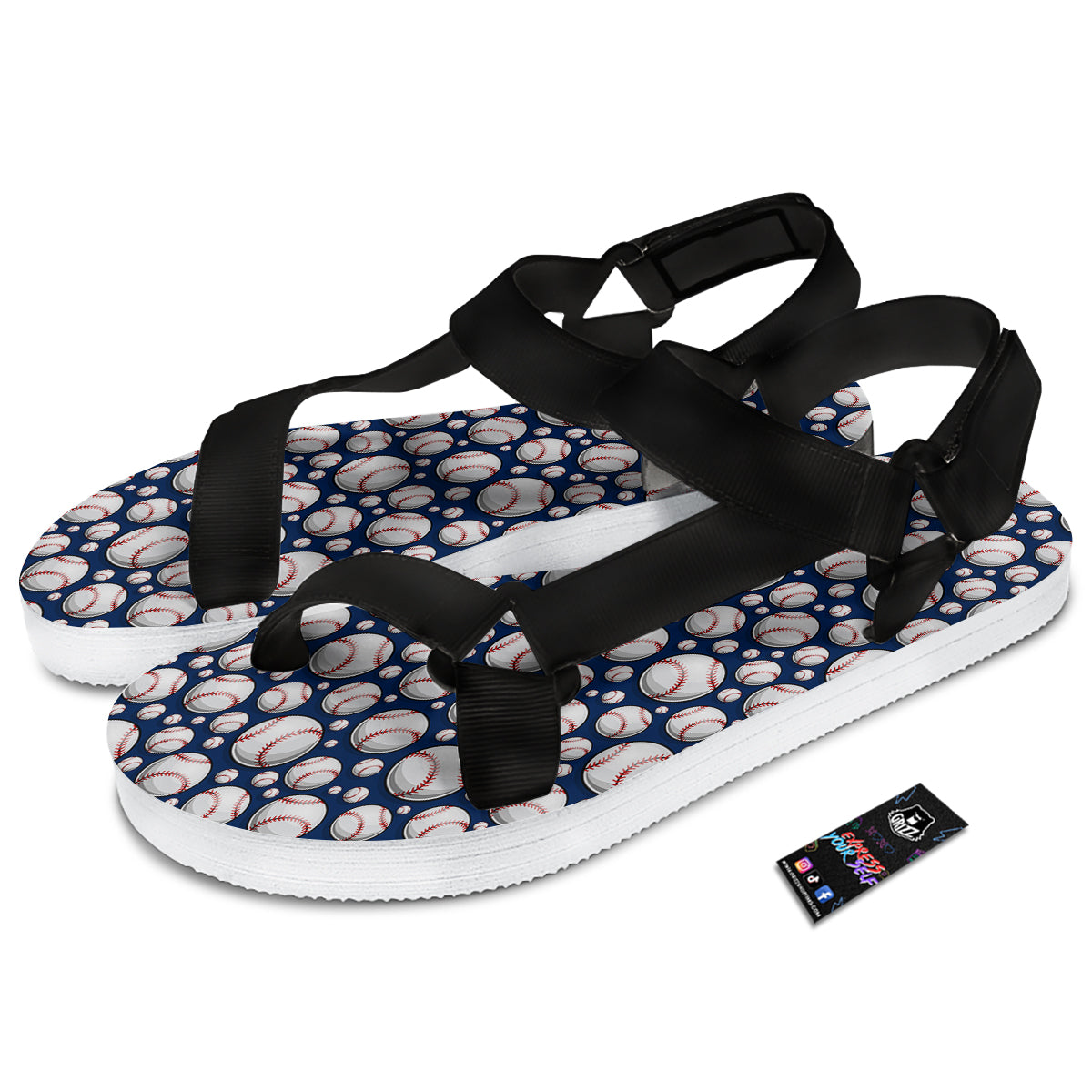 Baseballs Print Pattern Black Open Toe Sandals-grizzshop