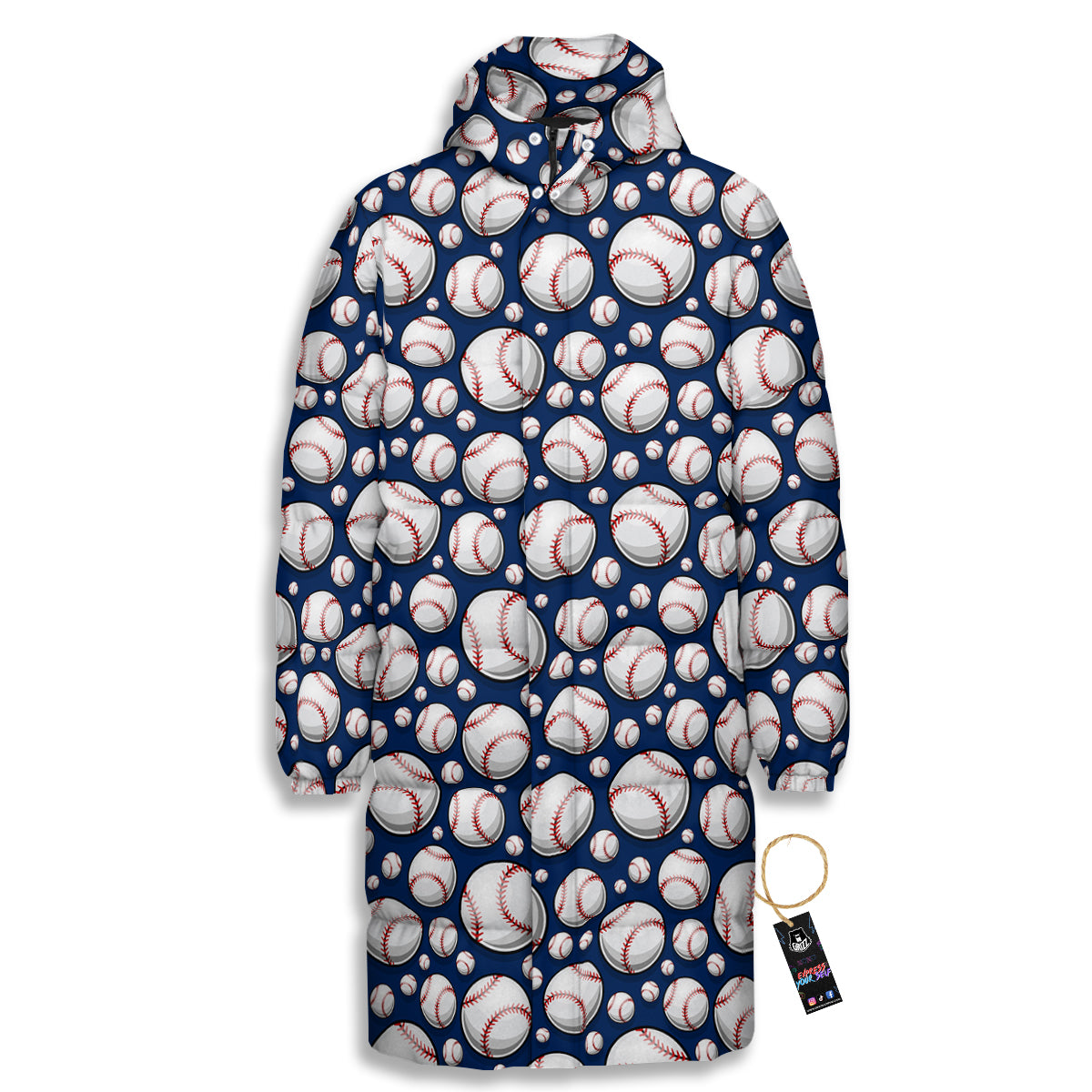 Baseballs Print Pattern Long Down Jacket-grizzshop