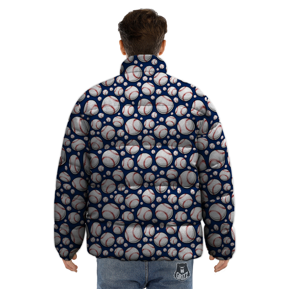 Baseballs Print Pattern Puffer Jacket-grizzshop