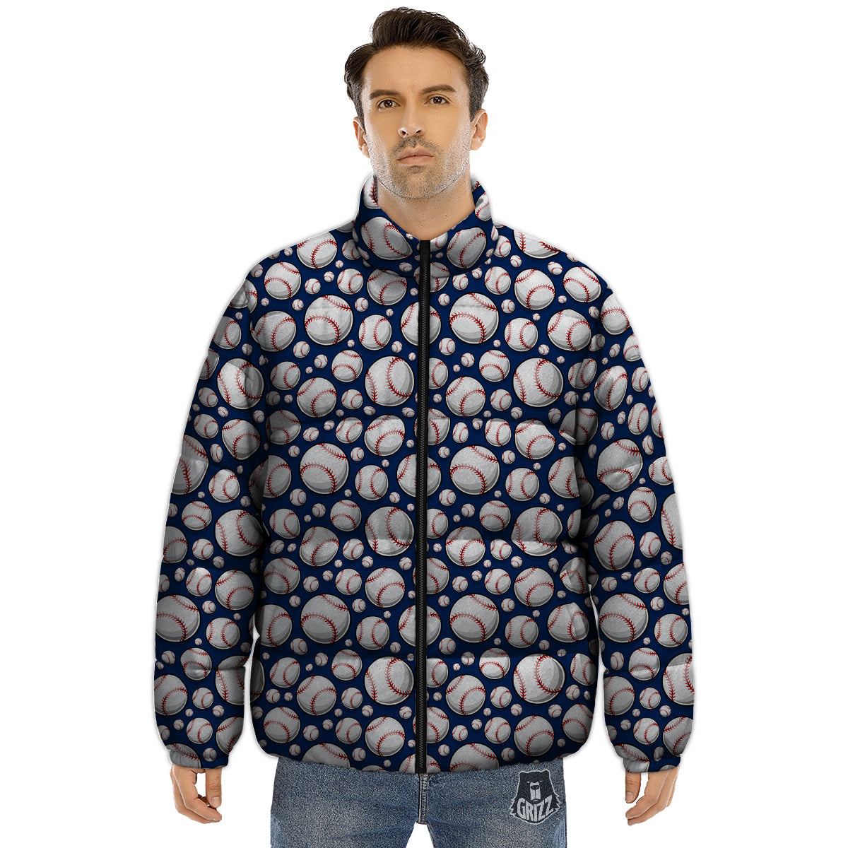 Baseballs Print Pattern Puffer Jacket-grizzshop