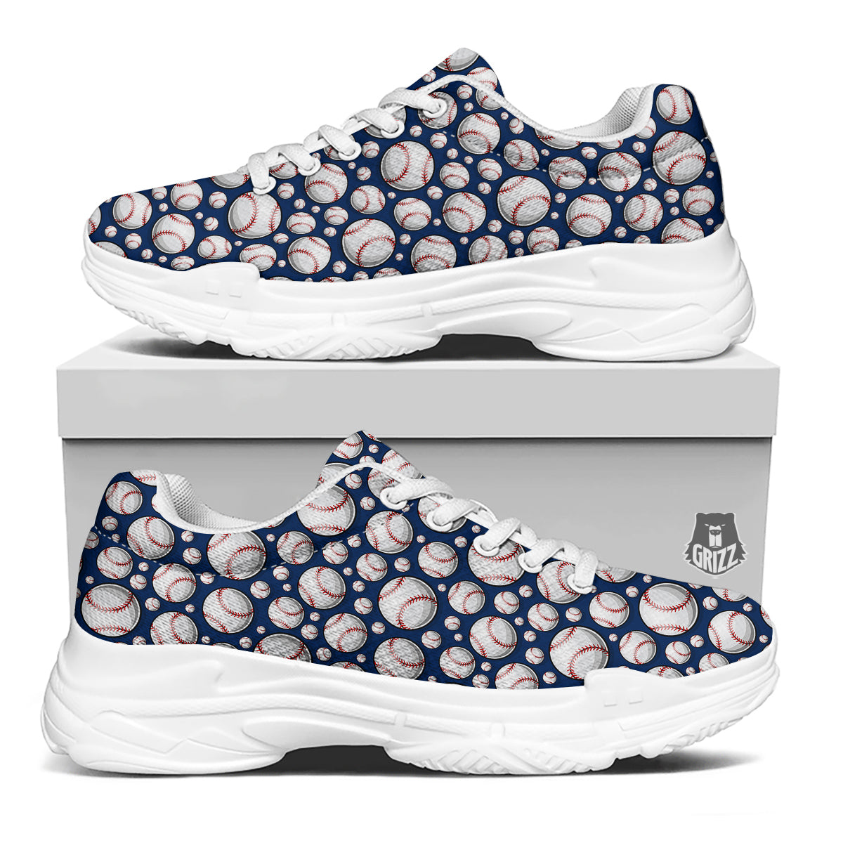 Baseballs Print Pattern White Chunky Shoes-grizzshop
