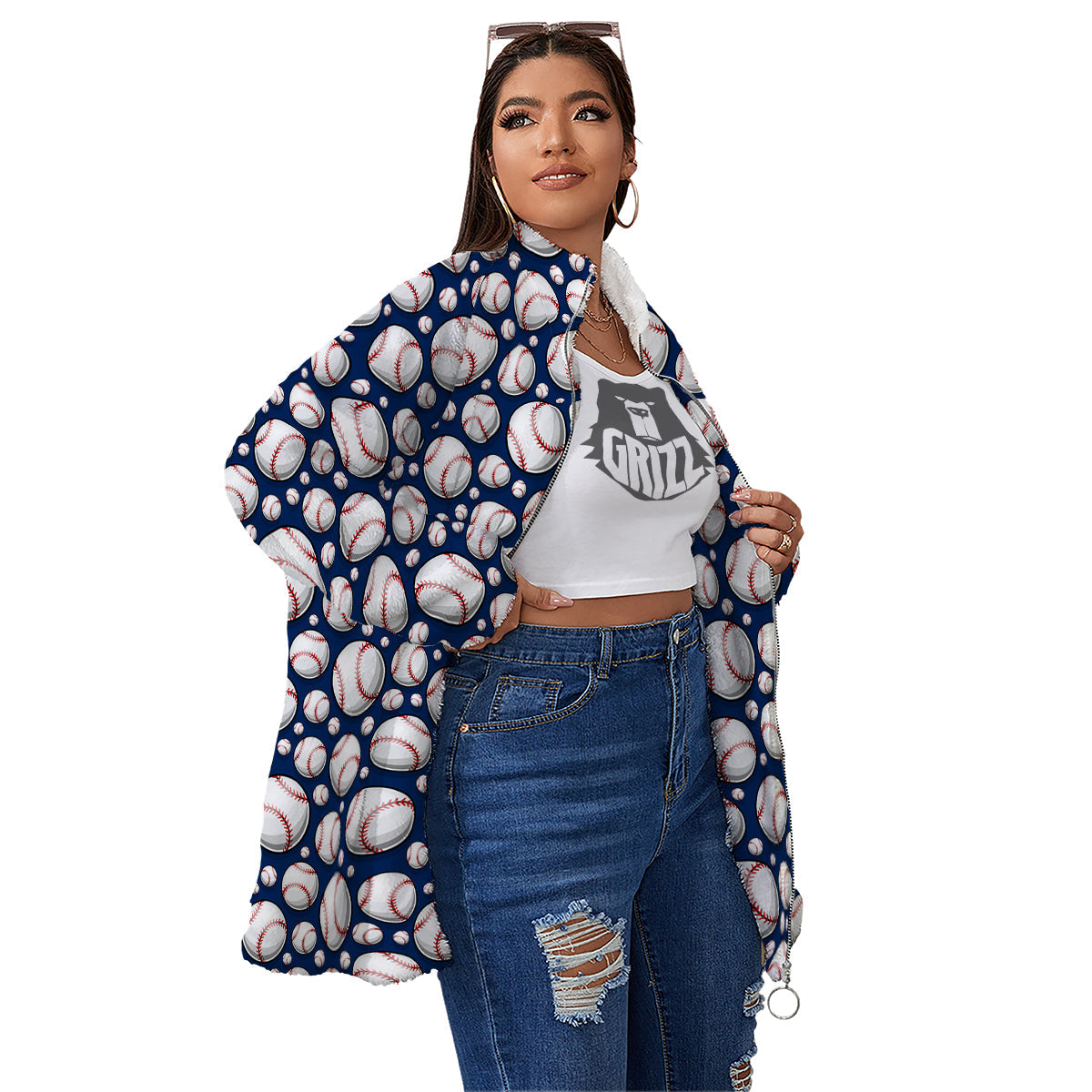 Baseballs Print Pattern Women's Sherpa Jacket-grizzshop