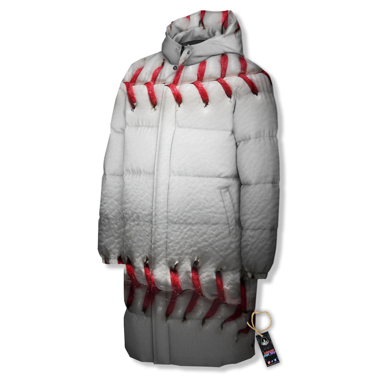 Baseballs Texture Print Long Down Jacket-grizzshop