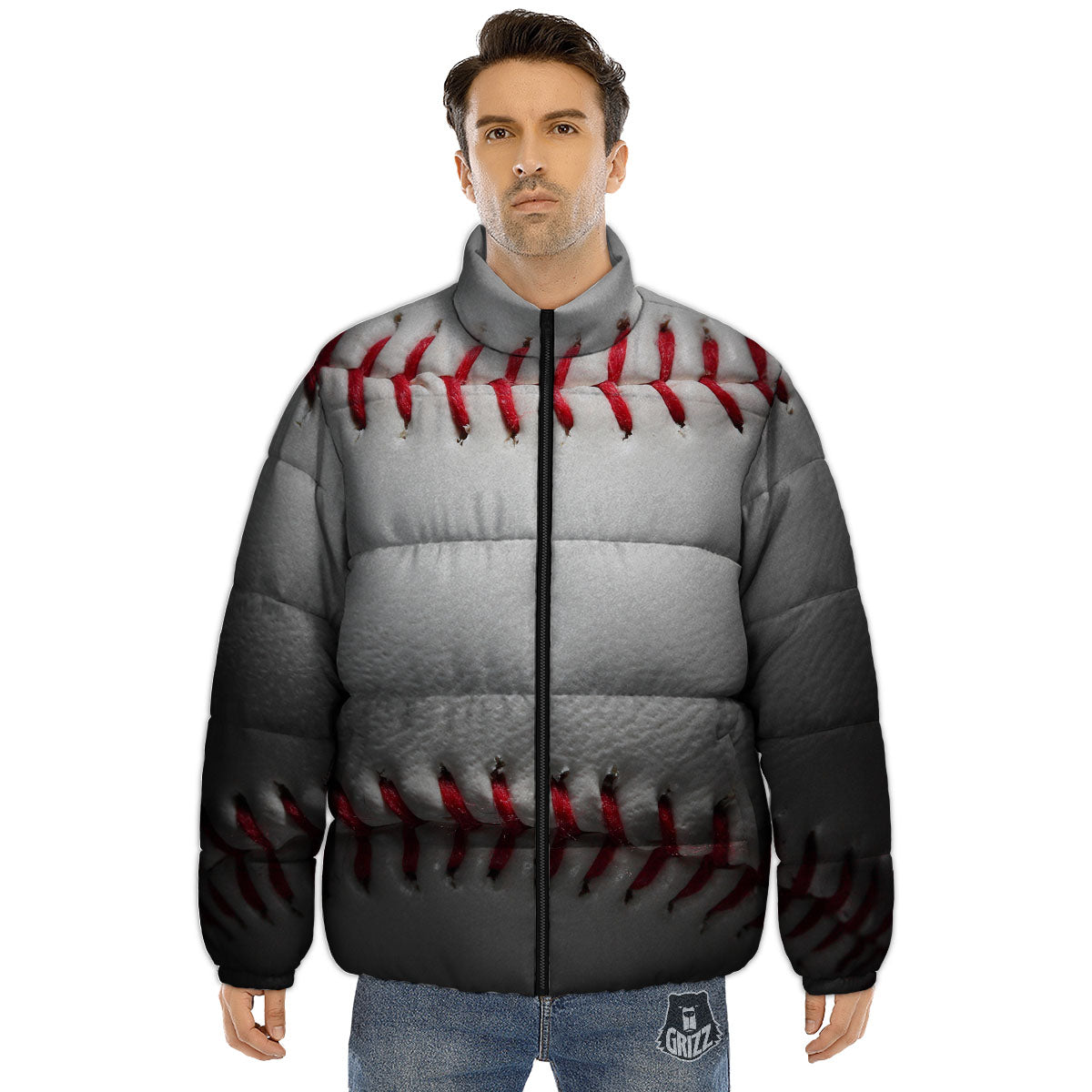 Baseballs Texture Print Puffer Jacket-grizzshop