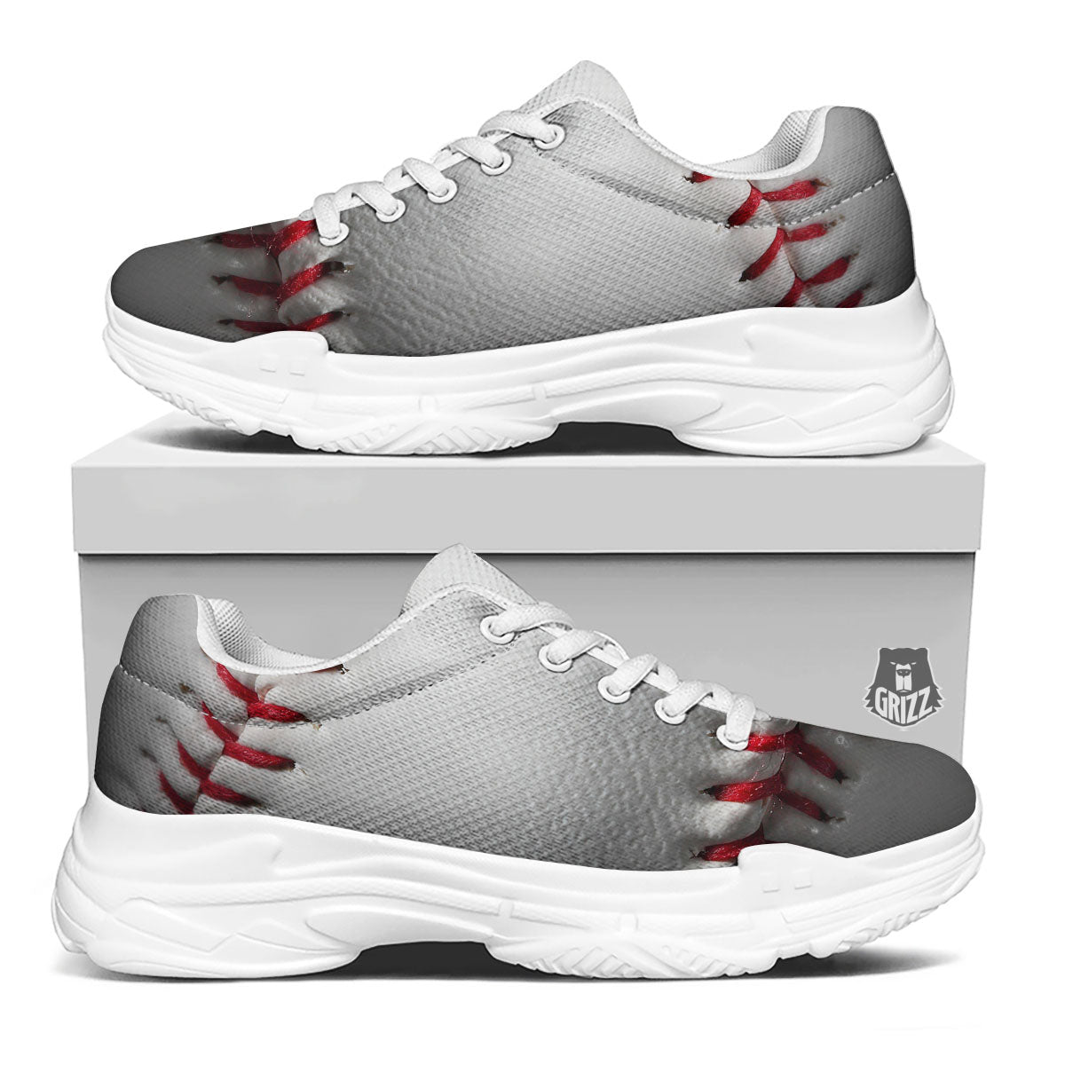 Baseballs Texture Print White Chunky Shoes-grizzshop