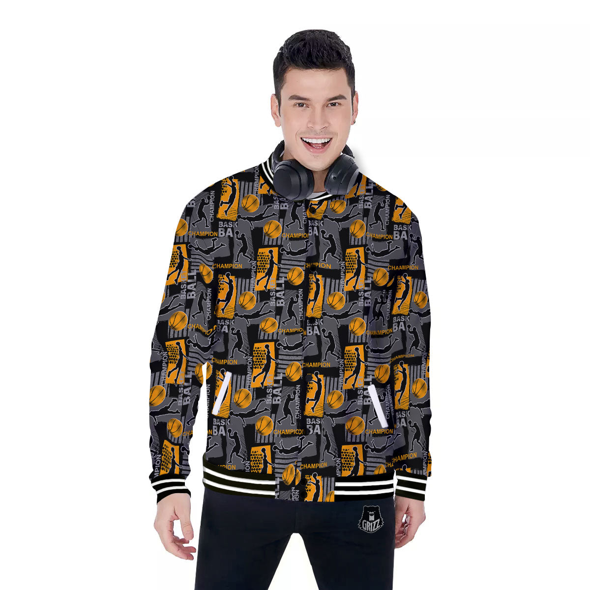 Basketball Black Yellow Print Pattern Baseball Jacket-grizzshop