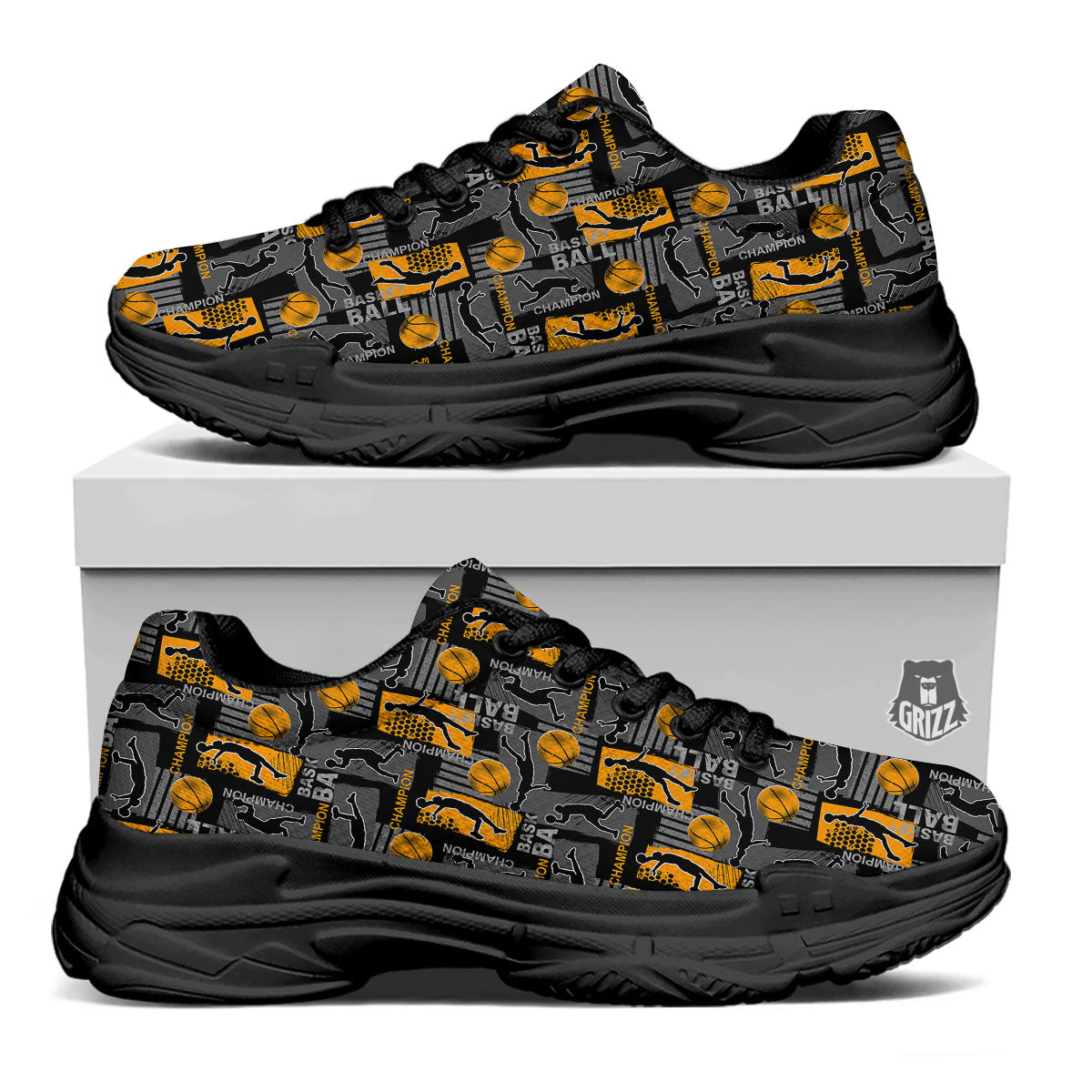 Basketball Black Yellow Print Pattern Black Chunky Shoes-grizzshop