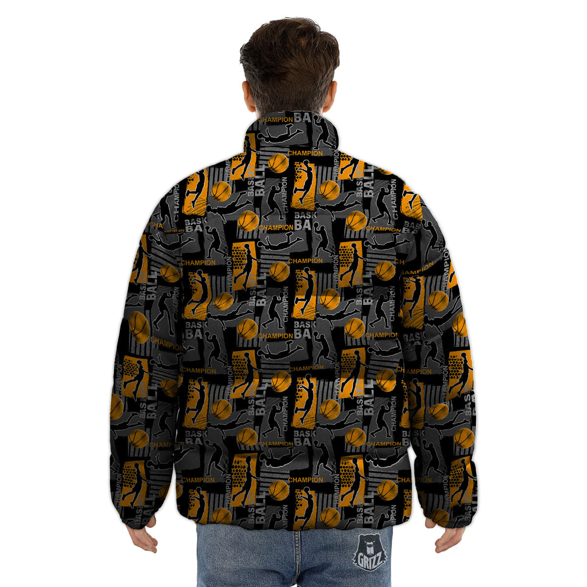 Basketball Black Yellow Print Pattern Puffer Jacket-grizzshop