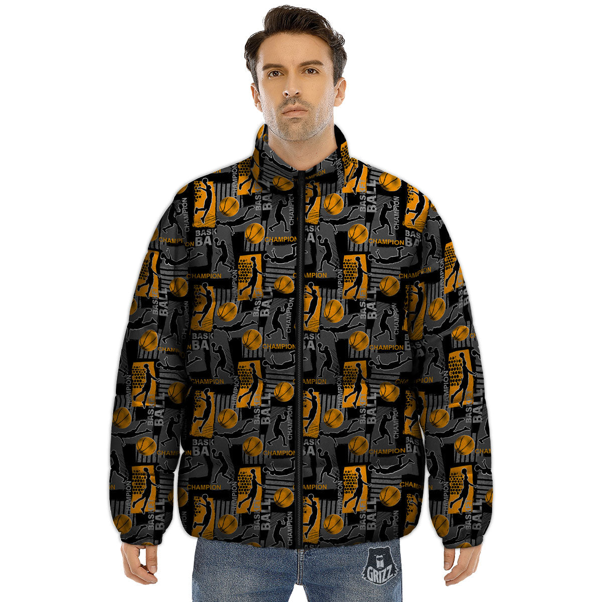 Basketball Black Yellow Print Pattern Puffer Jacket-grizzshop