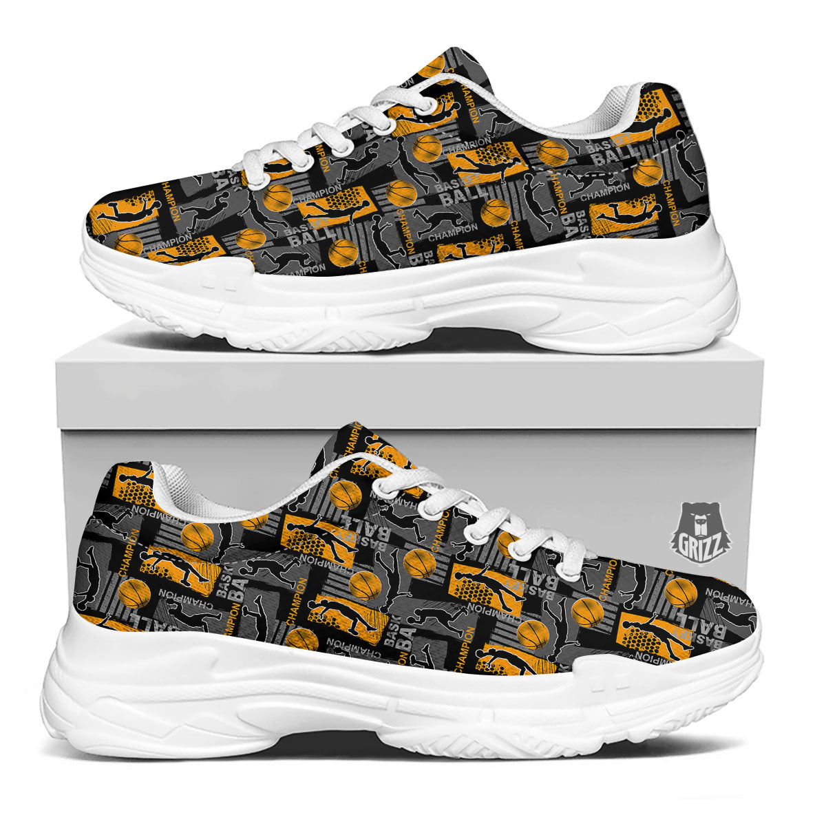 Basketball Black Yellow Print Pattern White Chunky Shoes-grizzshop