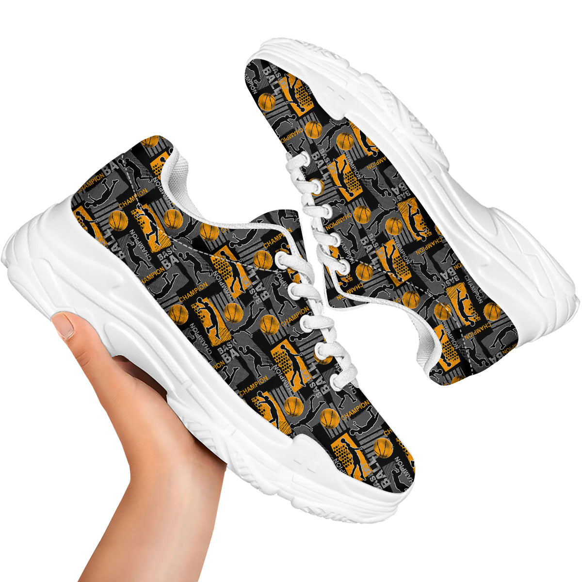 Basketball Black Yellow Print Pattern White Chunky Shoes-grizzshop