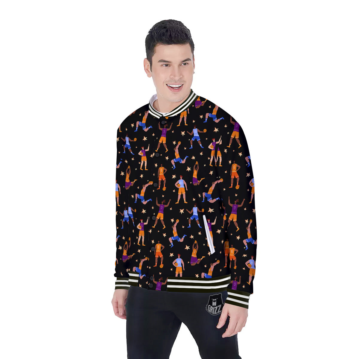 Basketball Players Funny Print Pattern Baseball Jacket-grizzshop