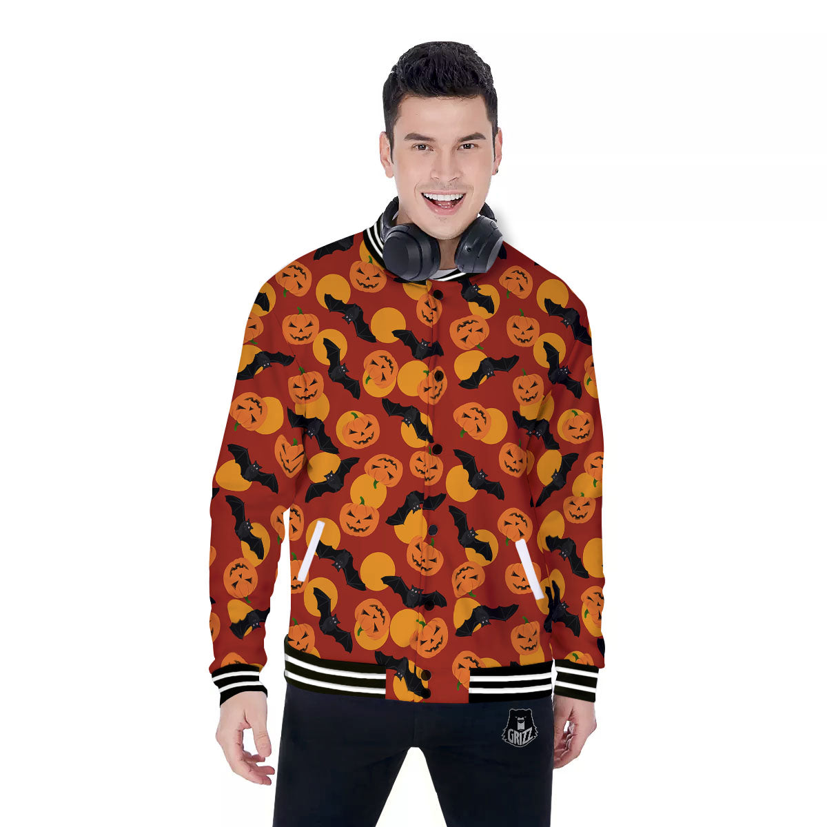Bat And Pumpkin Halloween Print Pattern Baseball Jacket-grizzshop