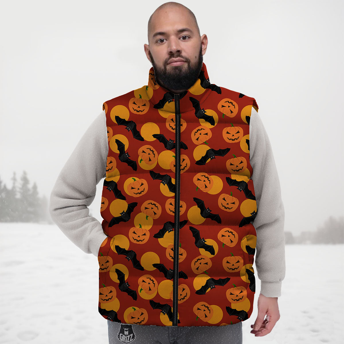 Bat And Pumpkin Halloween Print Pattern Down Vest