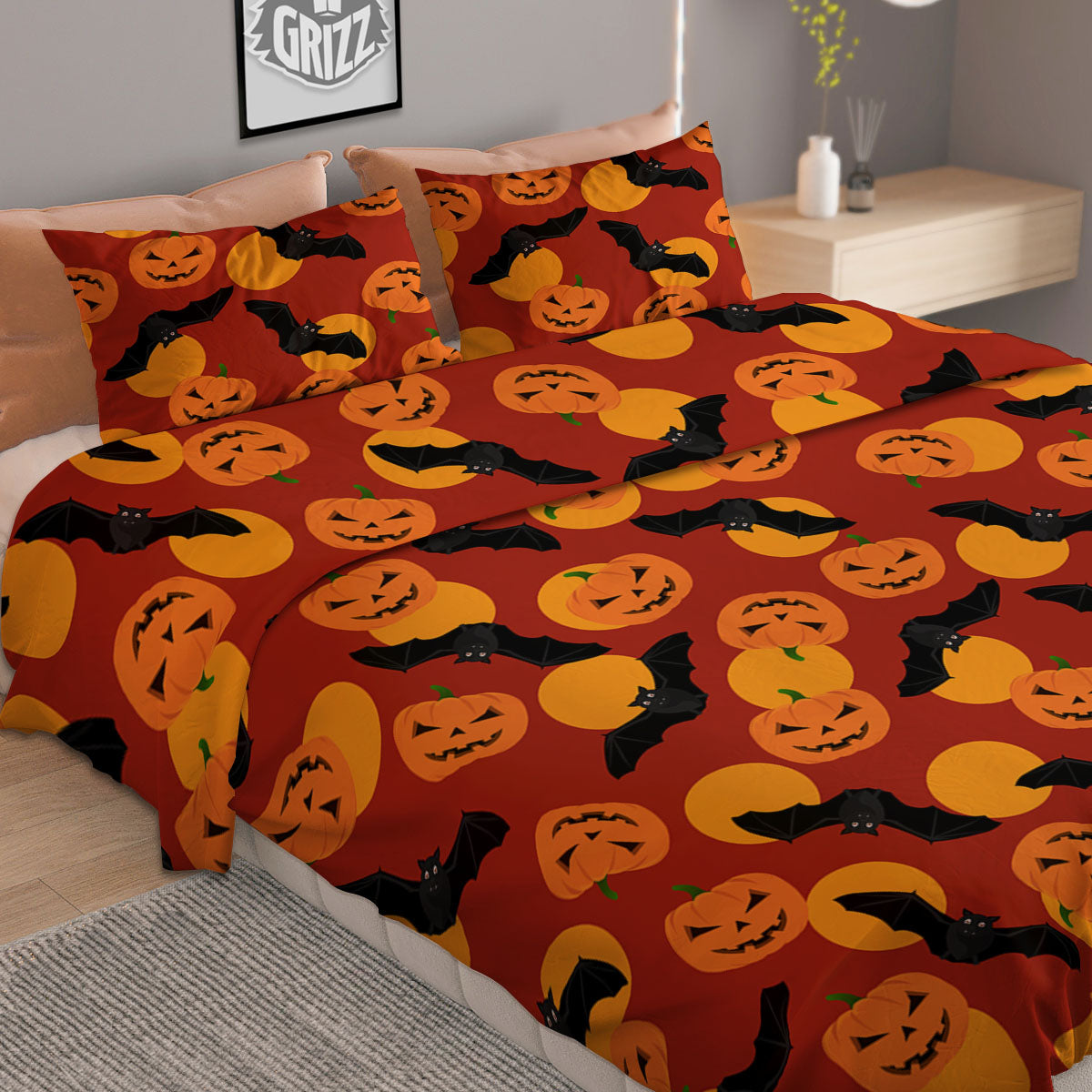 Bat And Pumpkin Halloween Print Pattern Duvet Cover Bedding Set
