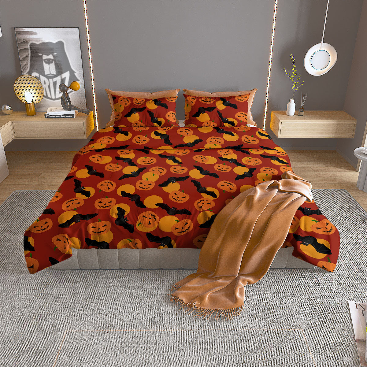 Bat And Pumpkin Halloween Print Pattern Duvet Cover Bedding Set