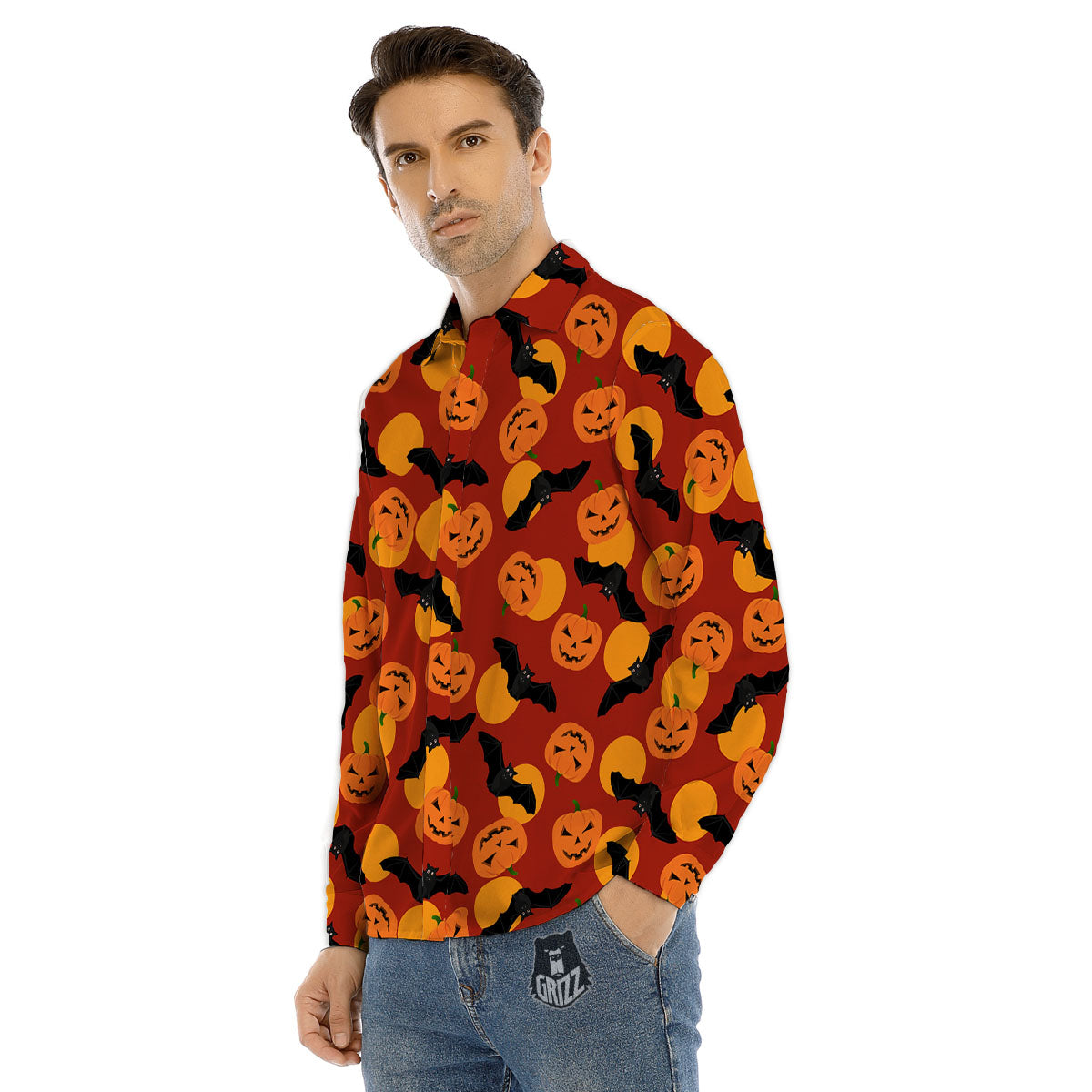 Bat And Pumpkin Halloween Print Pattern Men's Dress Shirts-grizzshop