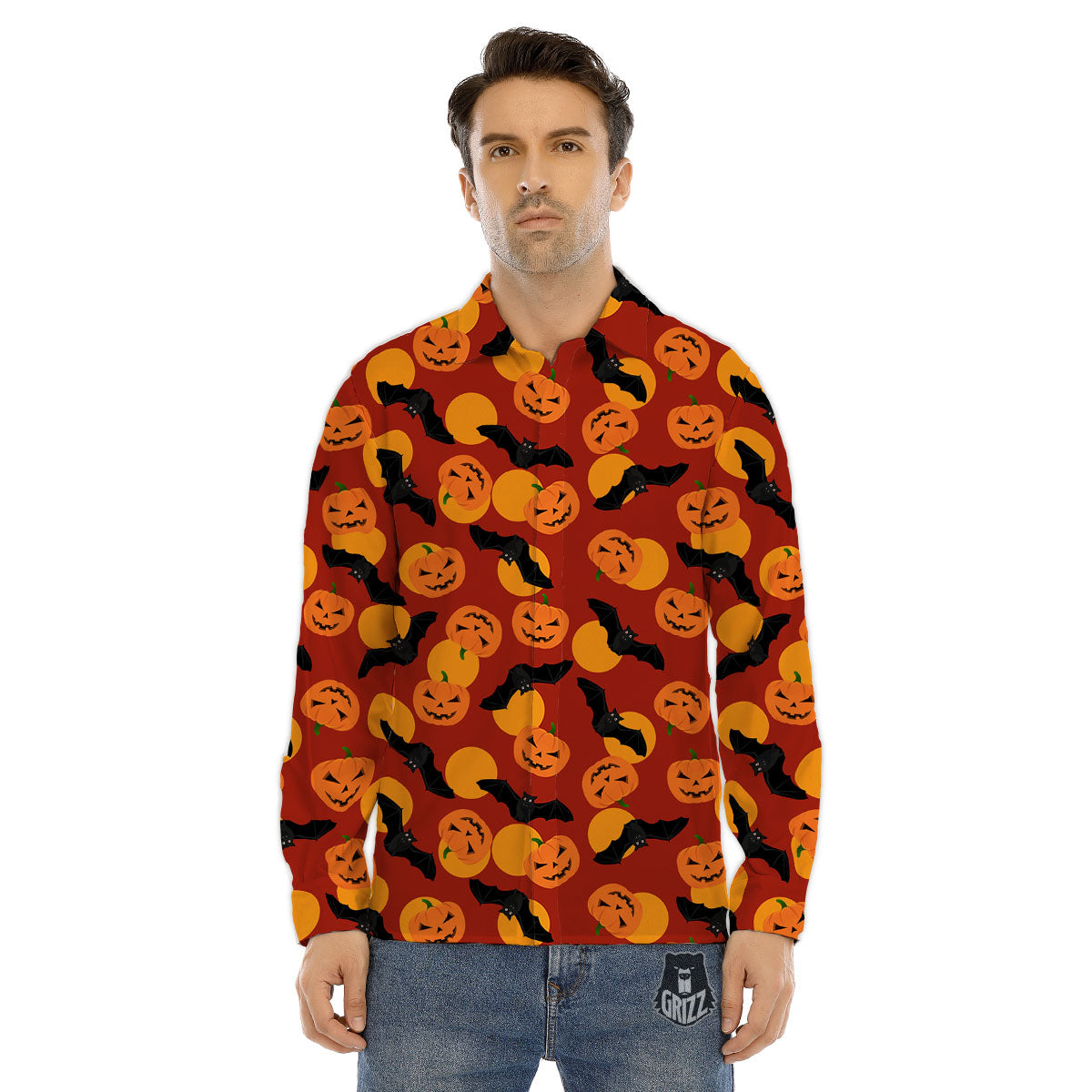 Bat And Pumpkin Halloween Print Pattern Men's Dress Shirts-grizzshop