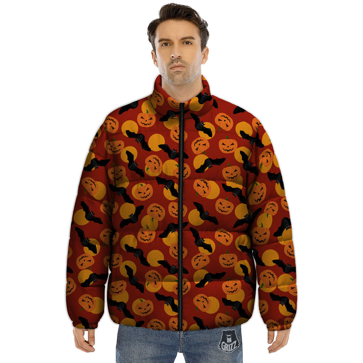 Bat And Pumpkin Halloween Print Pattern Puffer Jacket-grizzshop