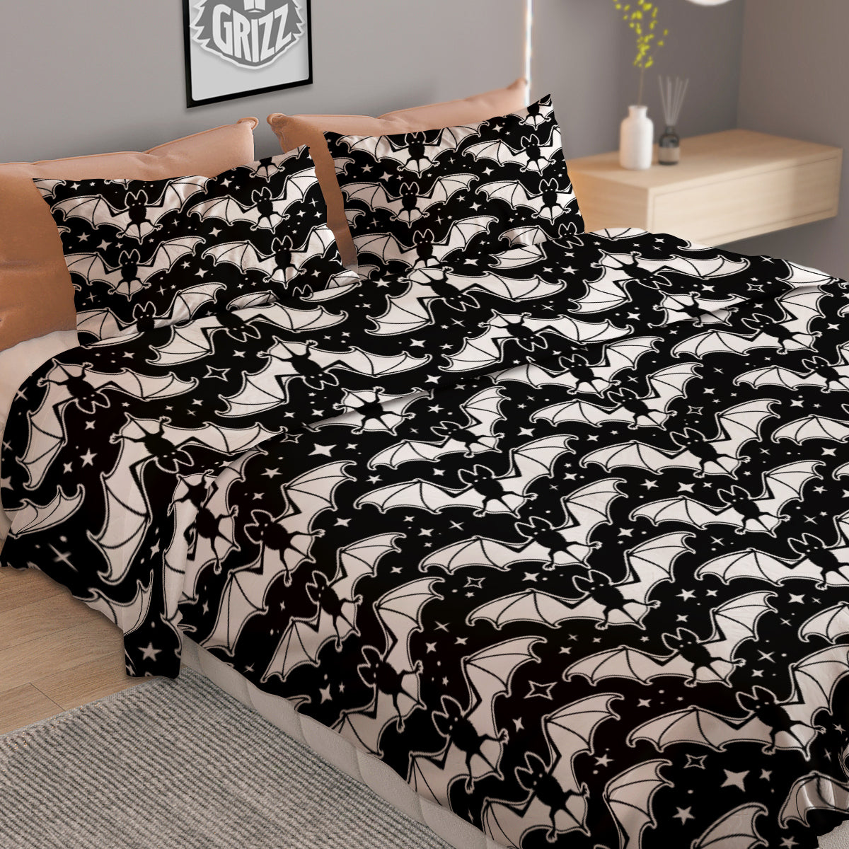 Bat Halloween White And Black Print Pattern Duvet Cover Bedding Set