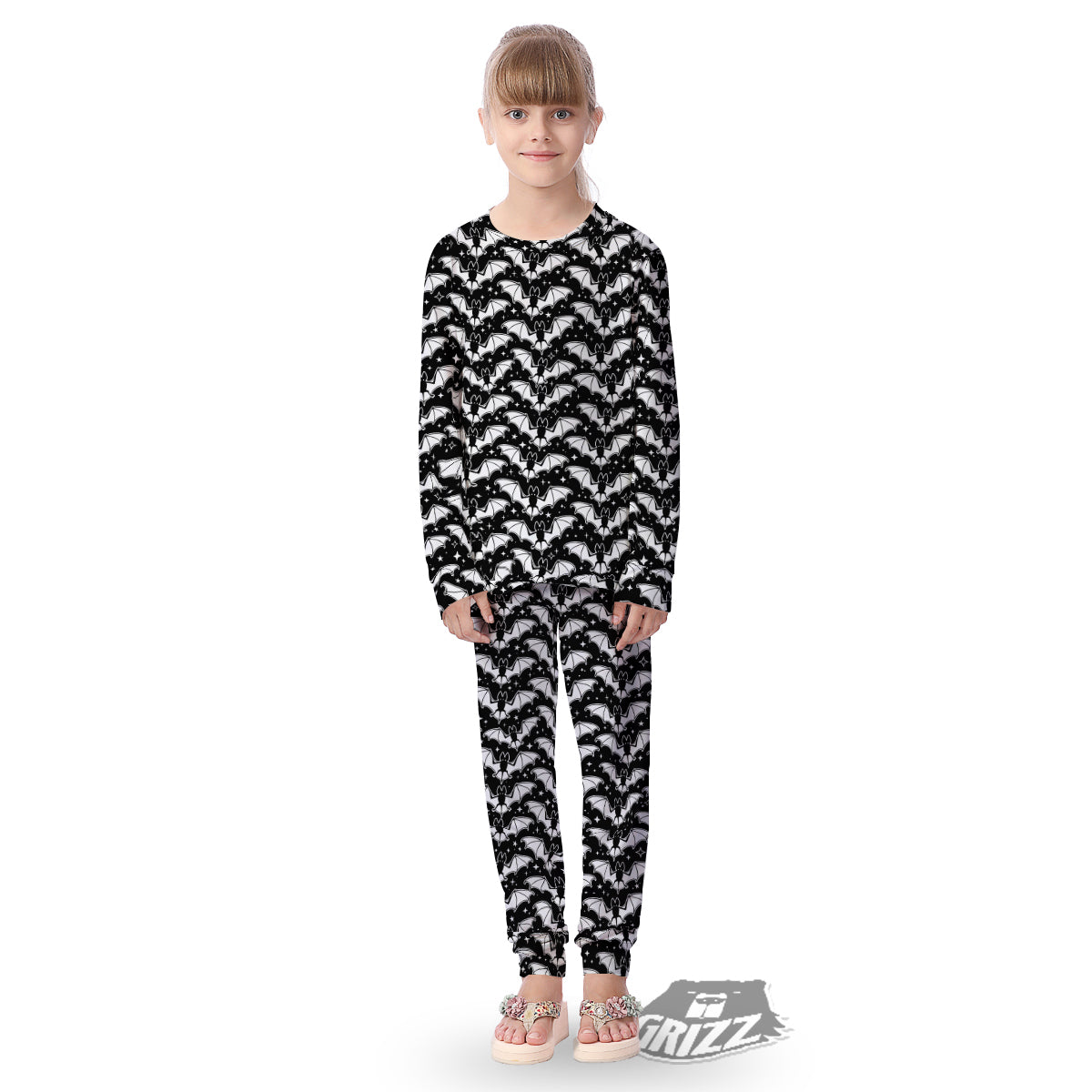 Bat Halloween White And Black Print Pattern Kid's Pajamas-grizzshop