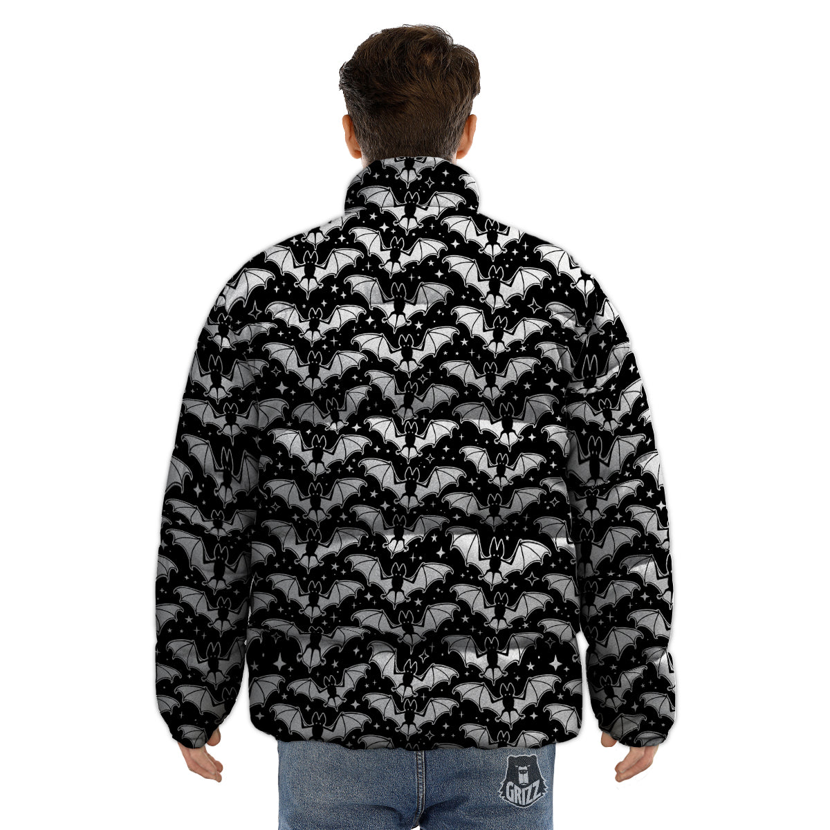 Bat Halloween White And Black Print Pattern Puffer Jacket-grizzshop
