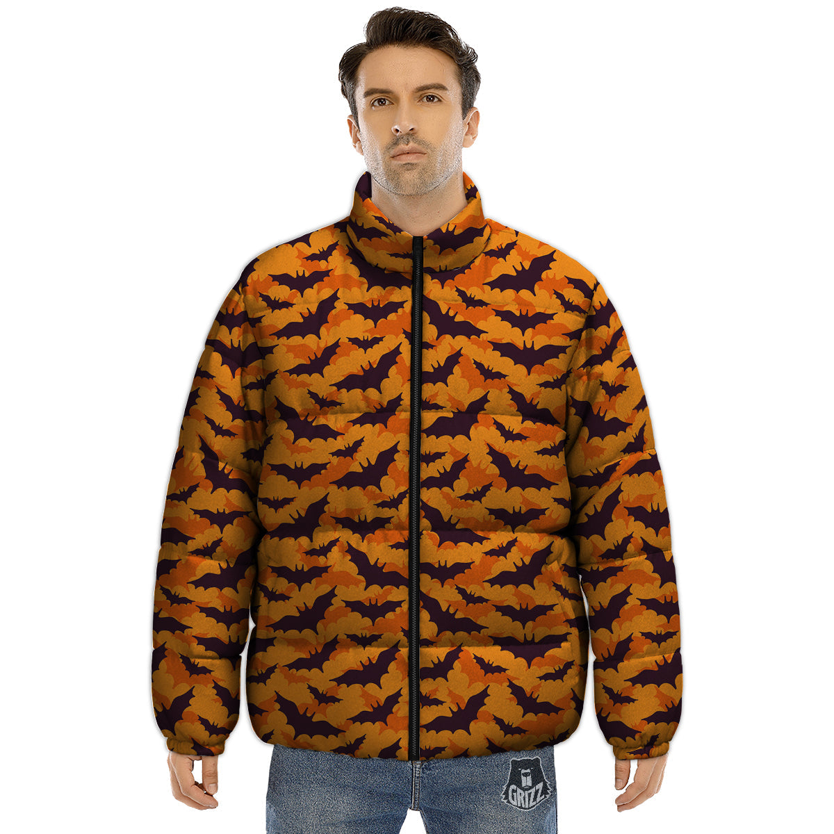 Bats Black And Orange Print Pattern Puffer Jacket-grizzshop