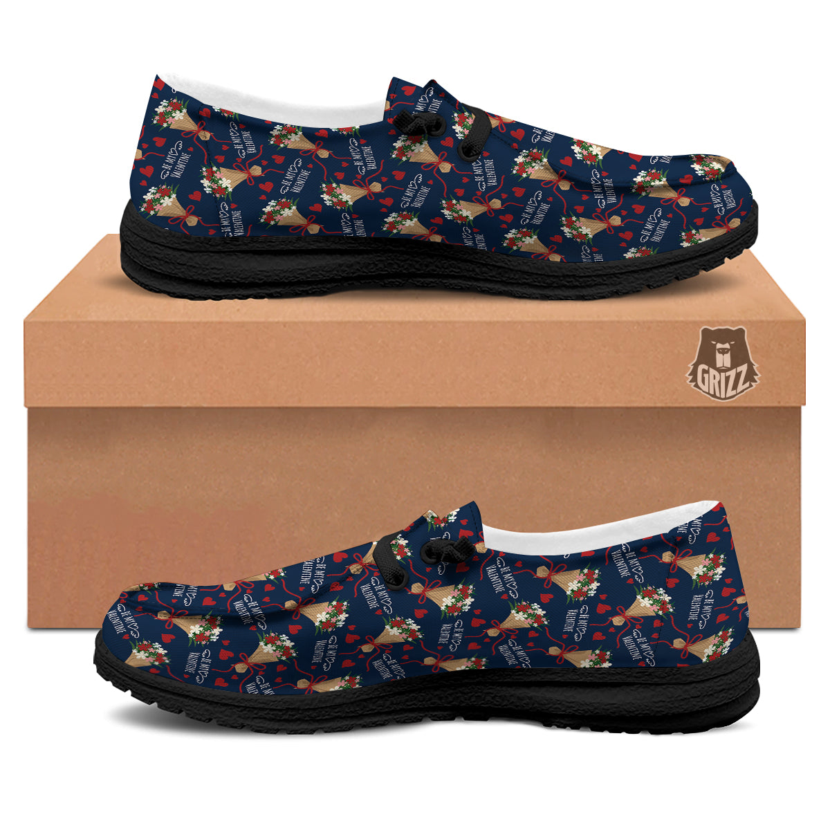 Be My Valentine Floral Print Pattern Black Loafers-grizzshop