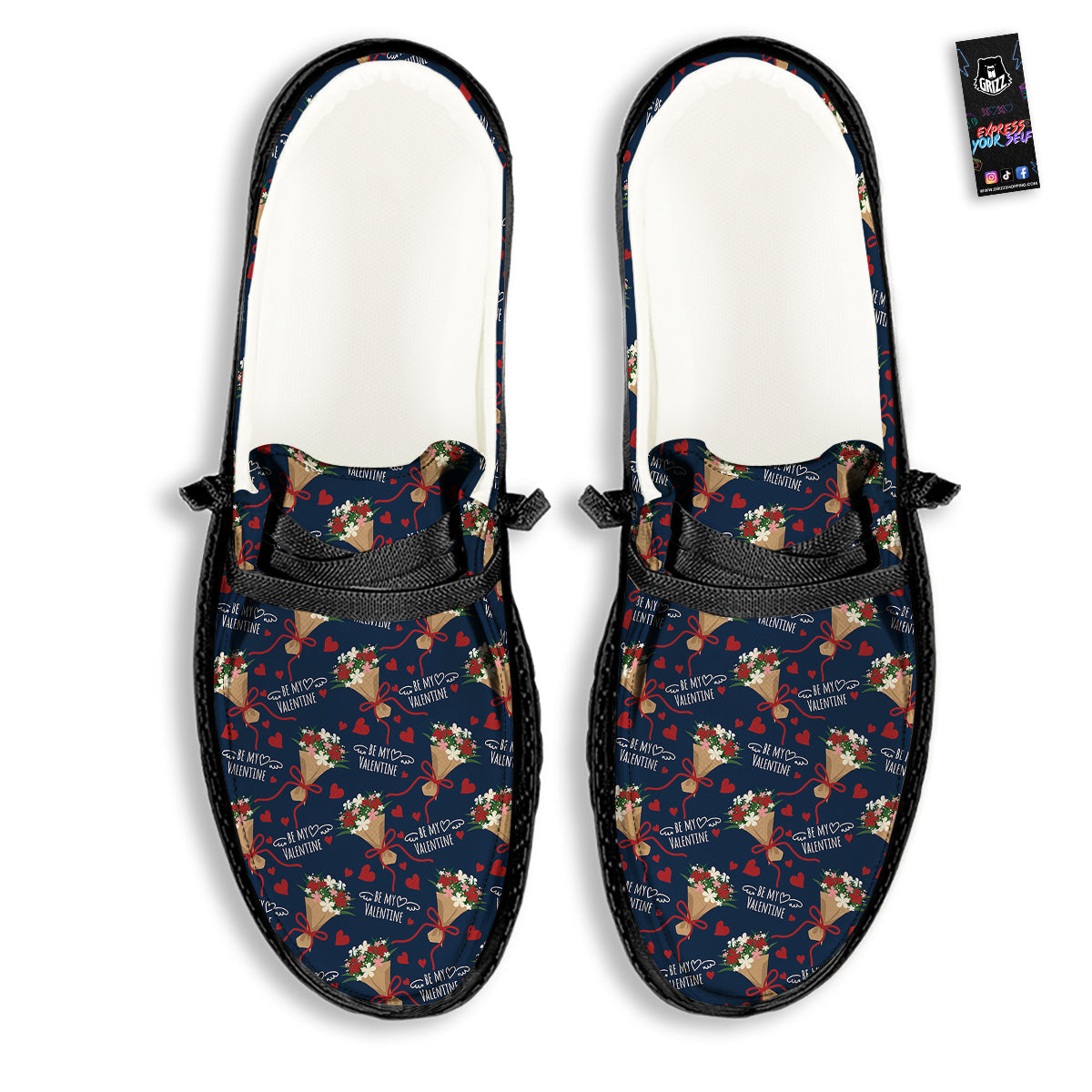 Be My Valentine Floral Print Pattern Black Loafers-grizzshop