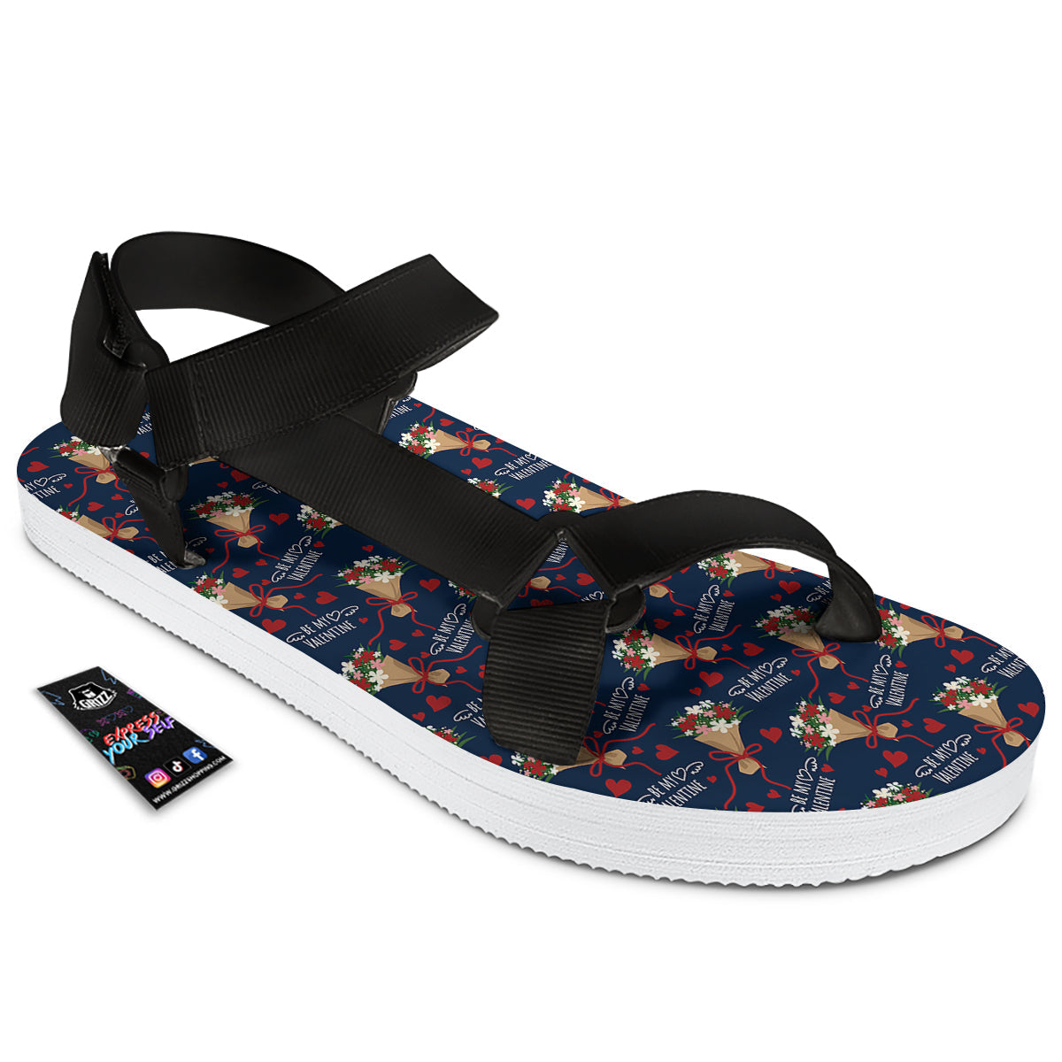 Be My Valentine Floral Print Pattern Black Open Toe Sandals-grizzshop