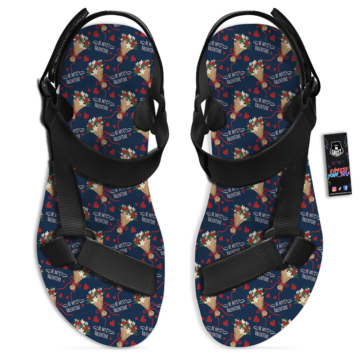 Be My Valentine Floral Print Pattern Black Open Toe Sandals-grizzshop