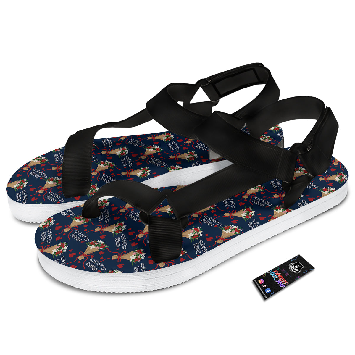 Be My Valentine Floral Print Pattern Black Open Toe Sandals-grizzshop