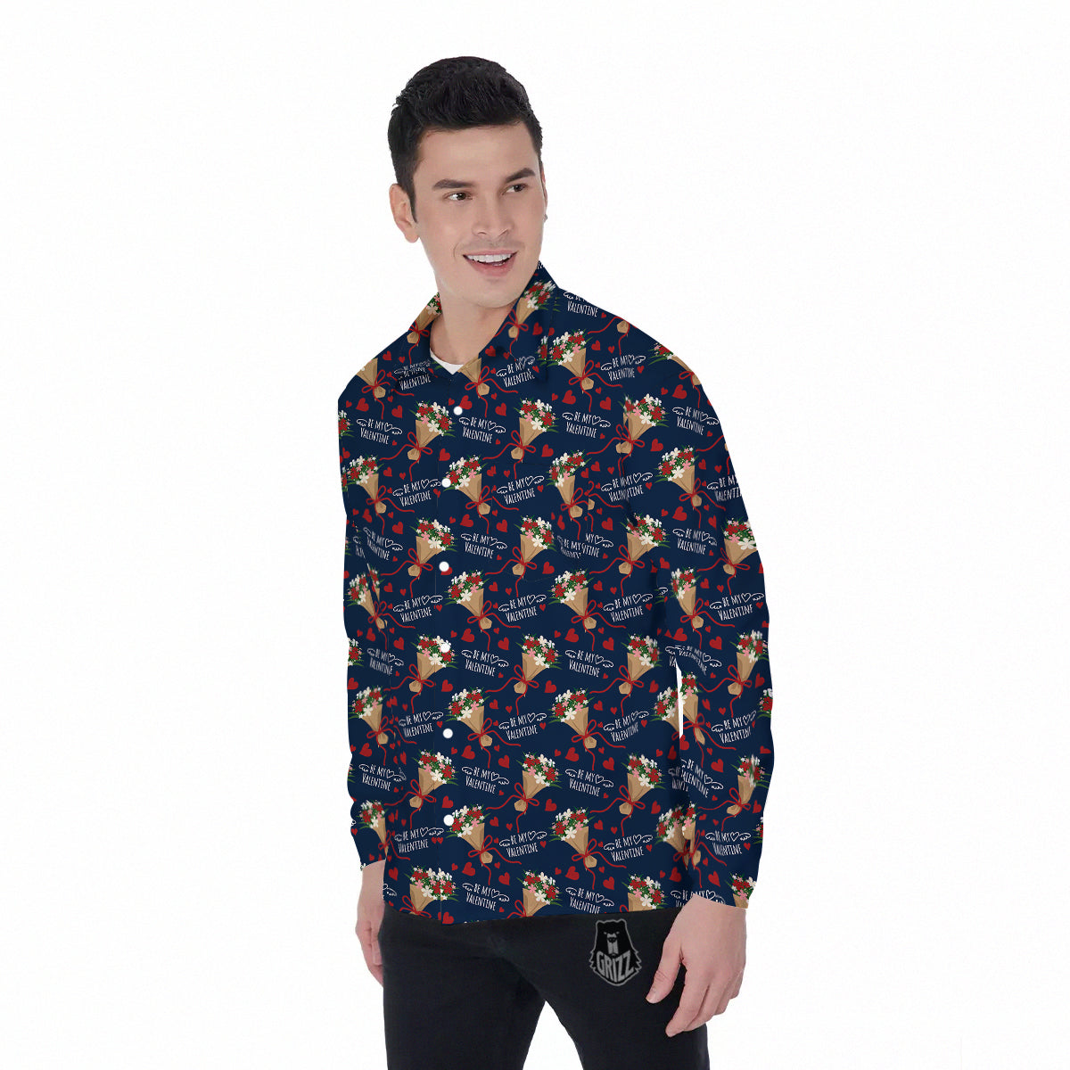 Be My Valentine Floral Print Pattern Men's Long Sleeve Shirts-grizzshop