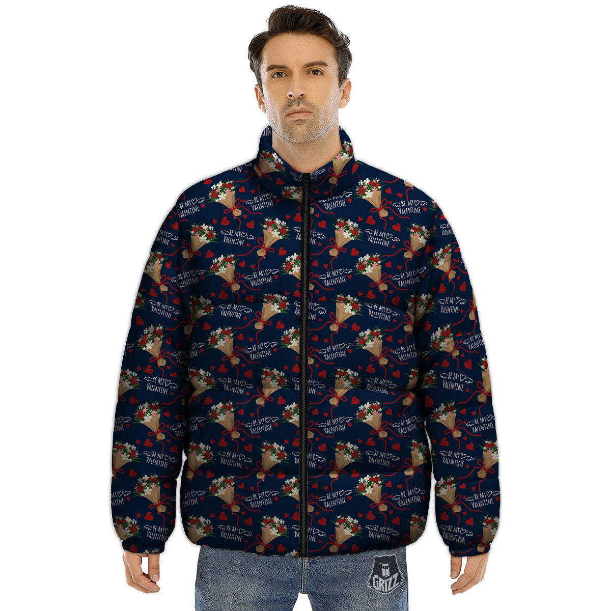 Be My Valentine Floral Print Pattern Puffer Jacket-grizzshop