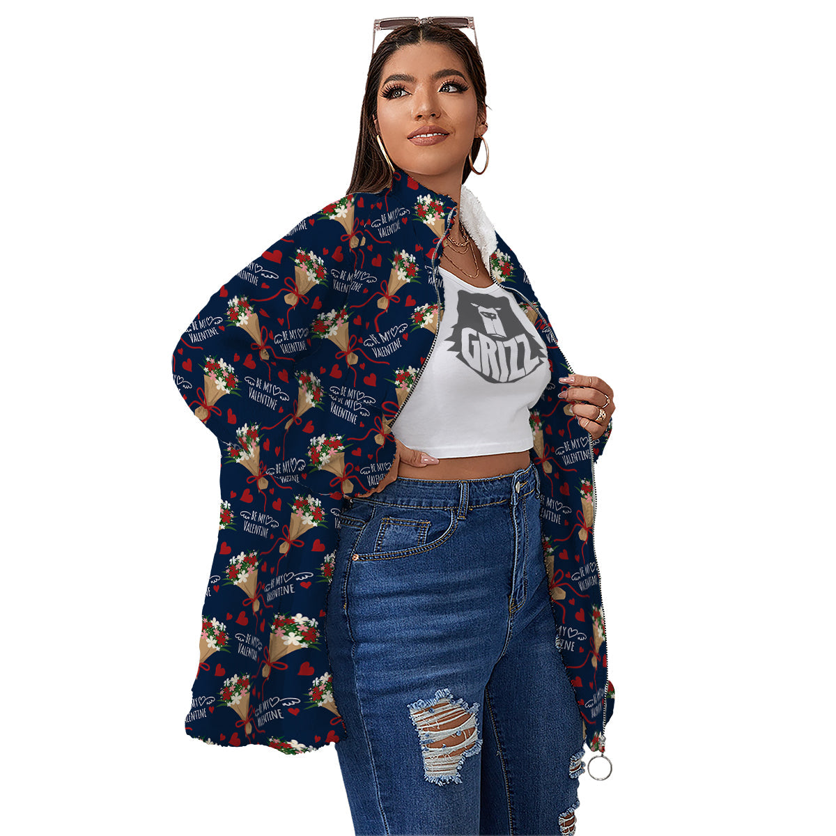 Be My Valentine Floral Print Pattern Women's Sherpa Jacket-grizzshop