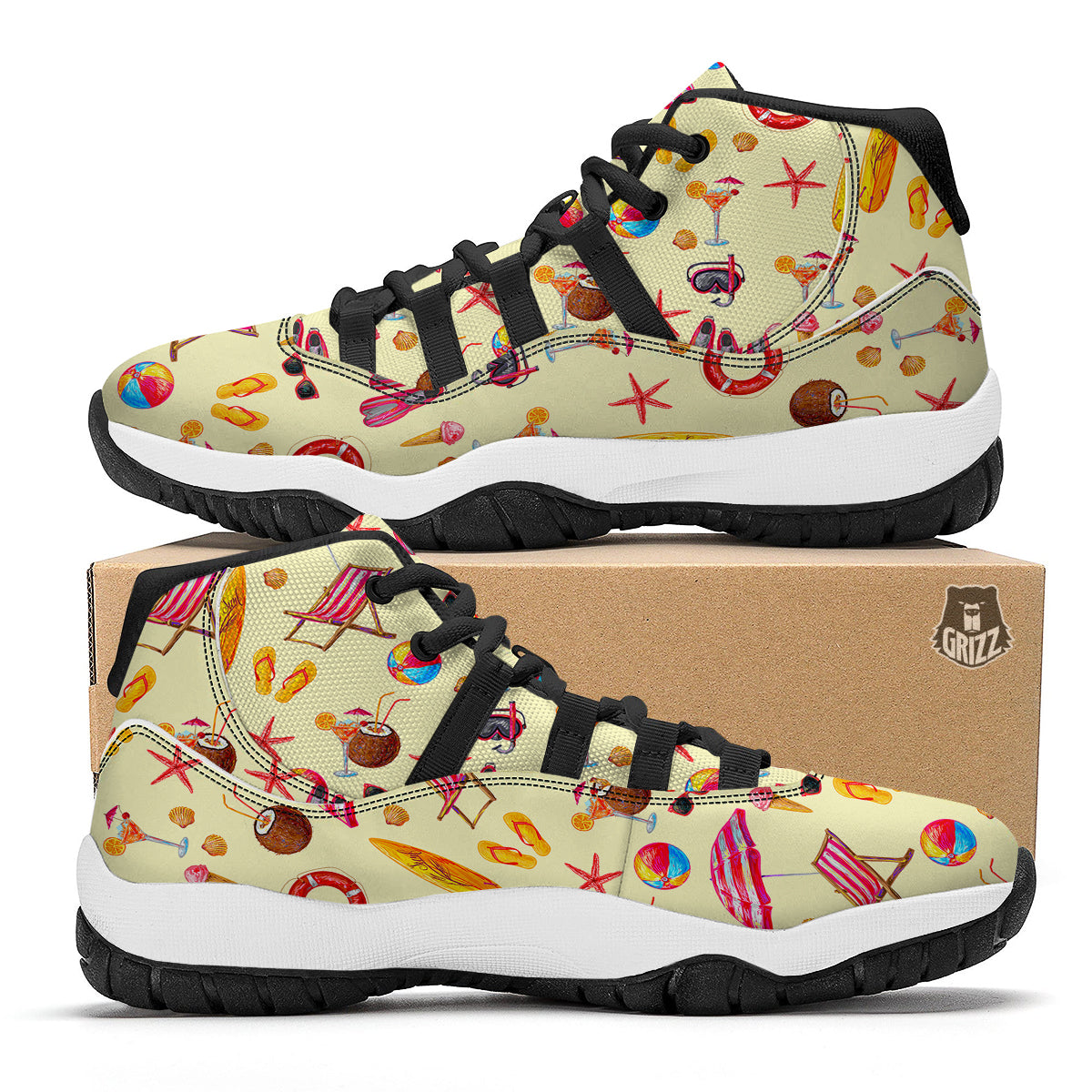 Beach Pattern Print Black Bball Shoes-grizzshop