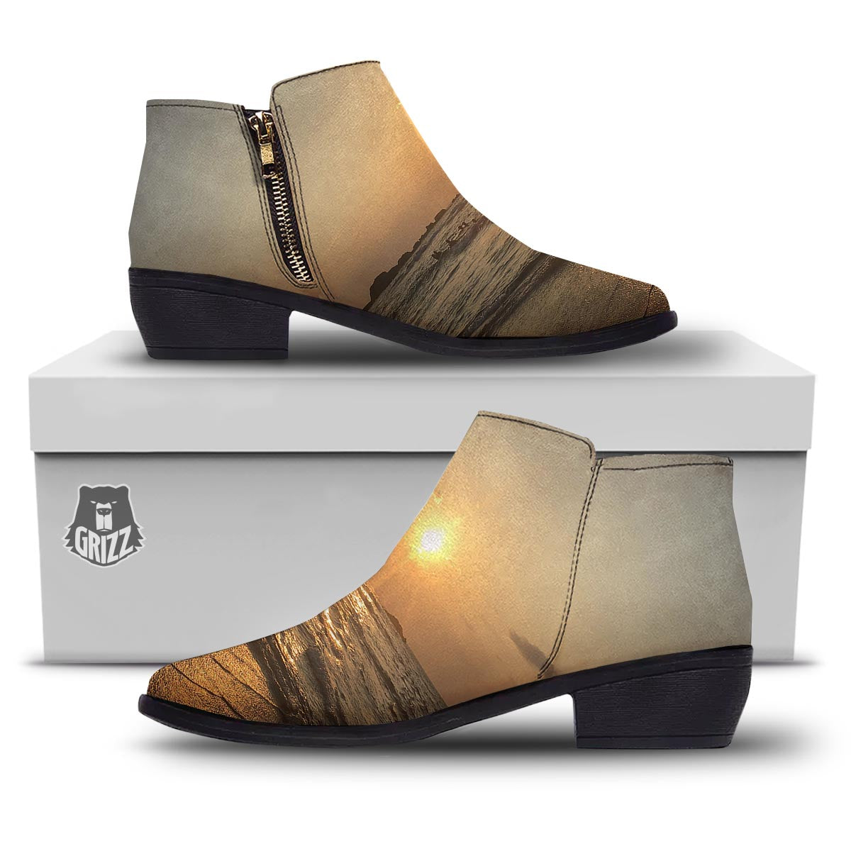 Beach Sunrise Print Ankle Boots-grizzshop