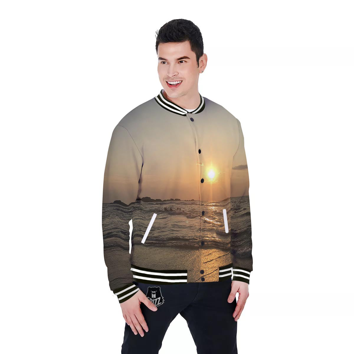 Beach Sunrise Print Baseball Jacket-grizzshop