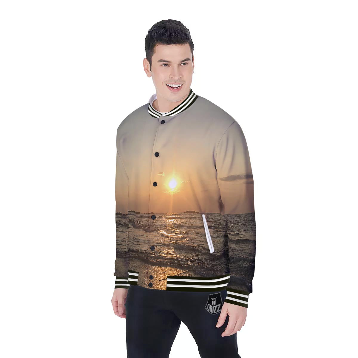 Beach Sunrise Print Baseball Jacket-grizzshop
