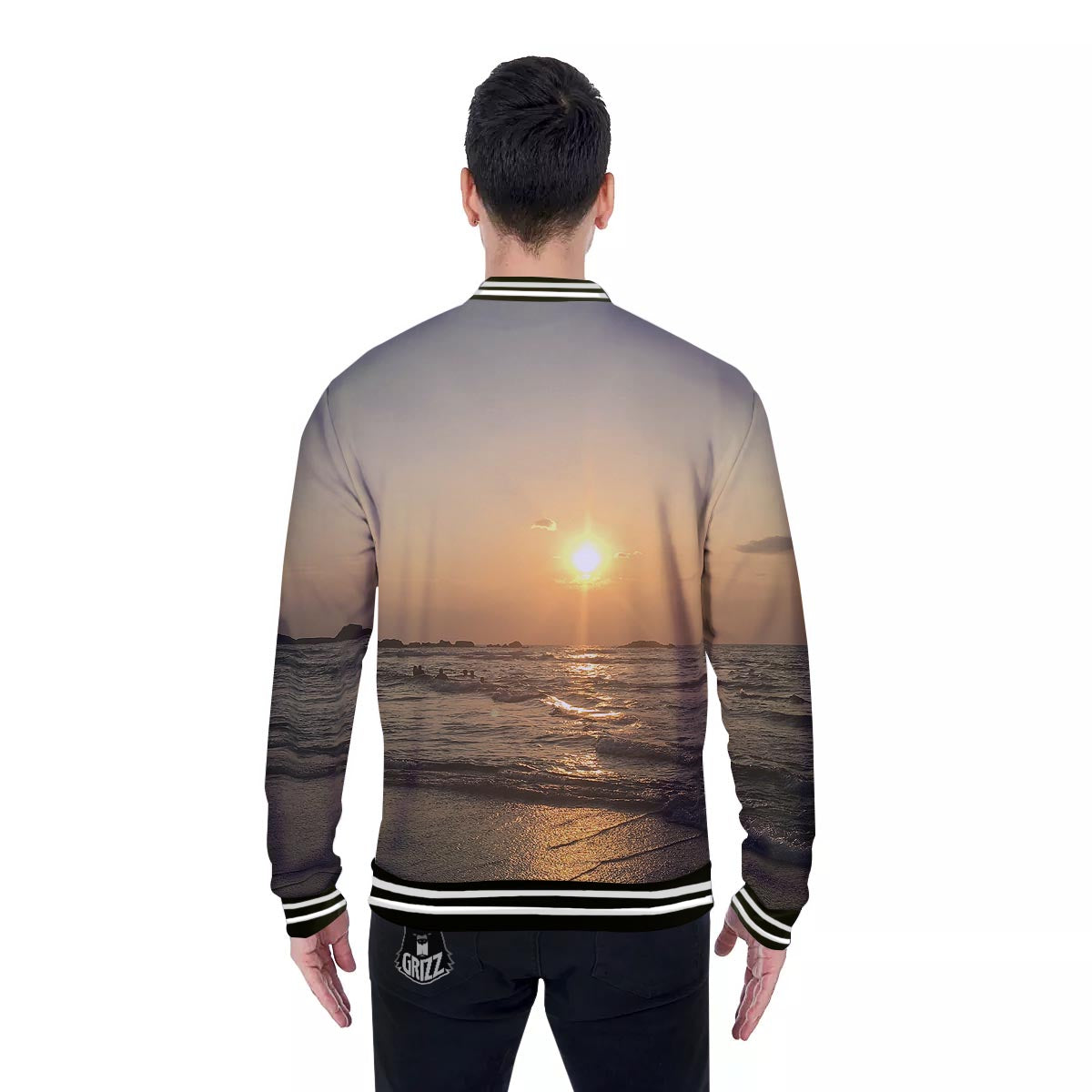 Beach Sunrise Print Baseball Jacket-grizzshop