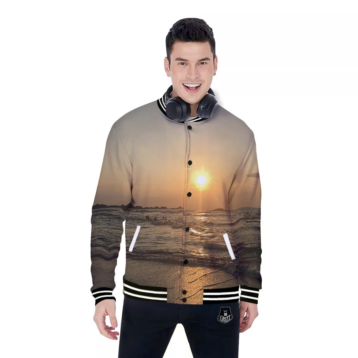 Beach Sunrise Print Baseball Jacket-grizzshop