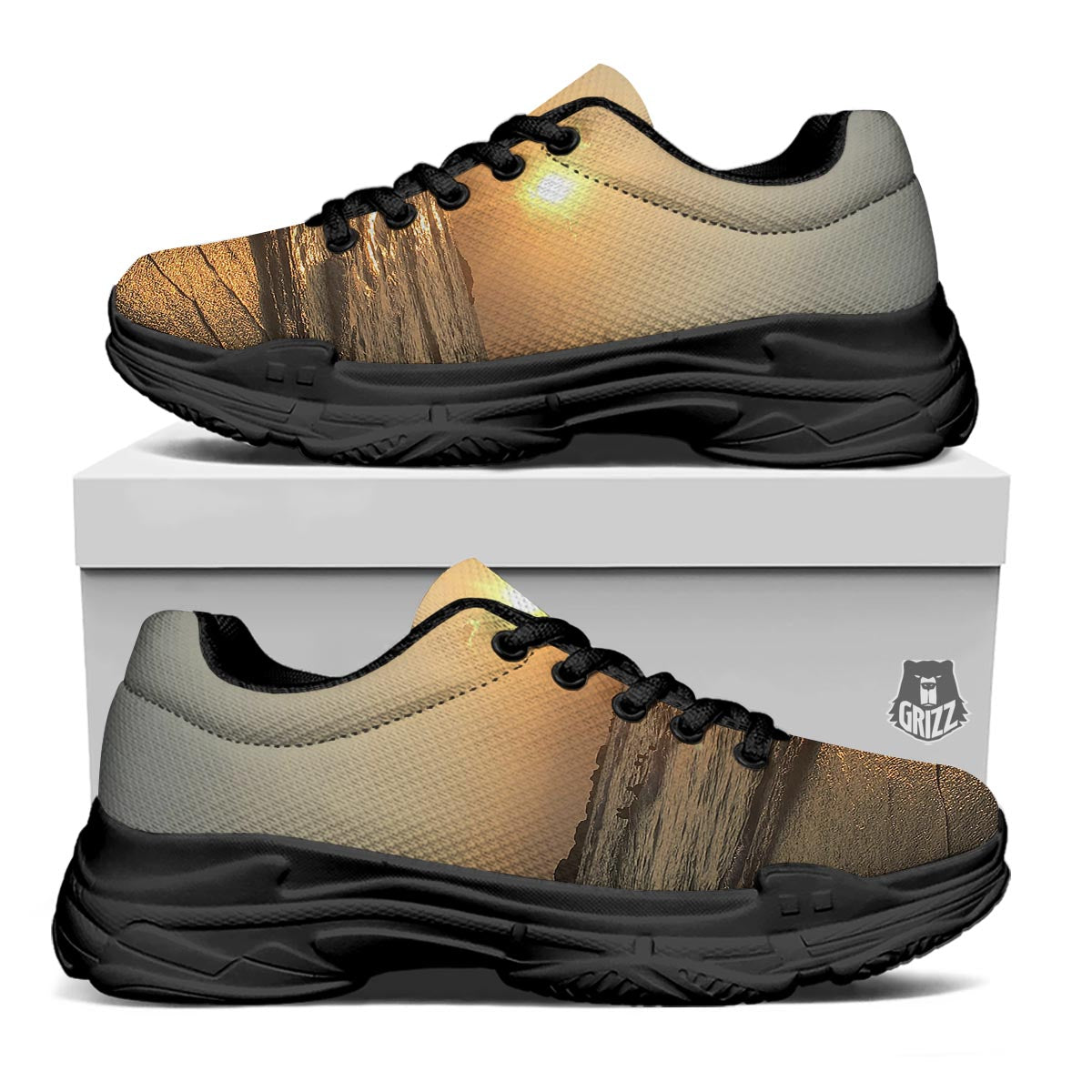Beach Sunrise Print Black Chunky Shoes-grizzshop