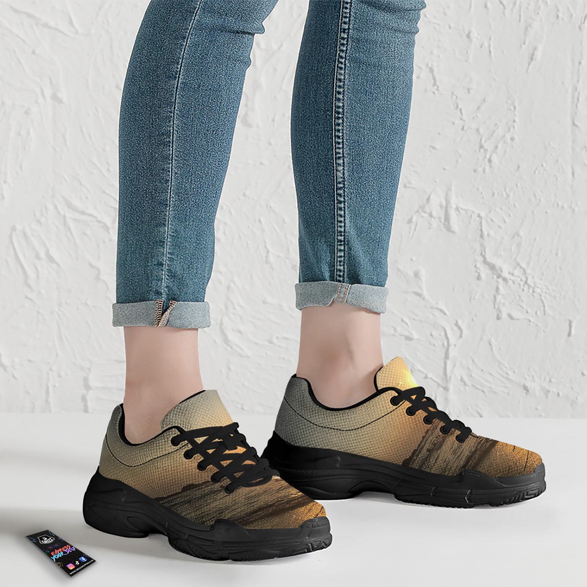 Beach Sunrise Print Black Chunky Shoes-grizzshop