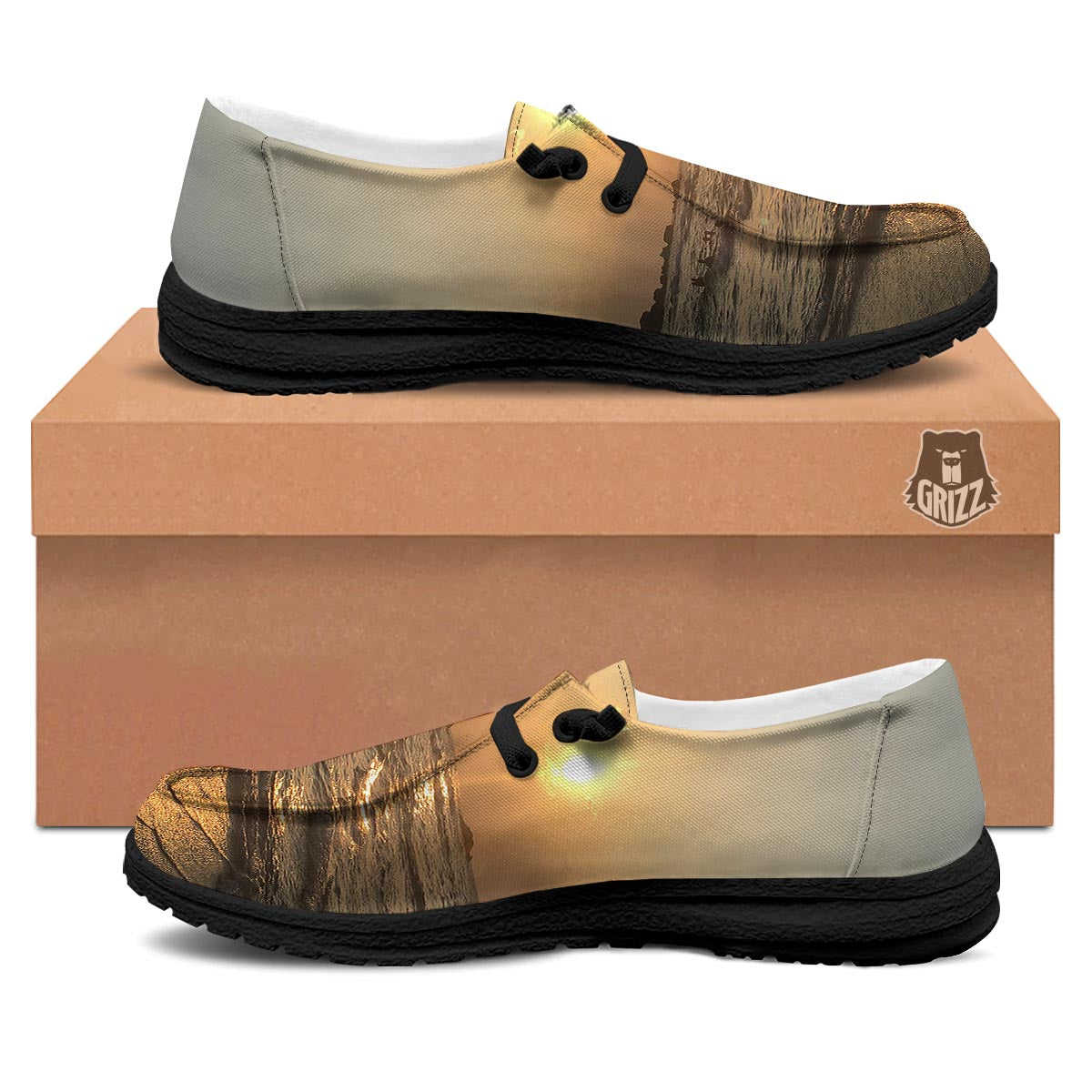 Beach Sunrise Print Black Loafers-grizzshop