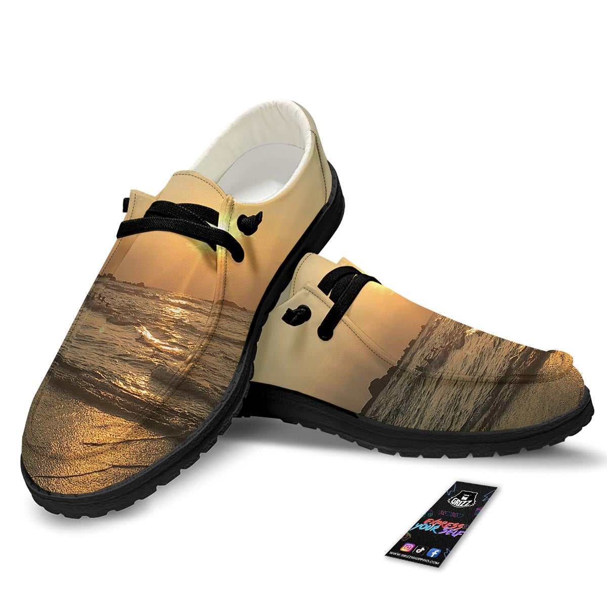 Beach Sunrise Print Black Loafers-grizzshop
